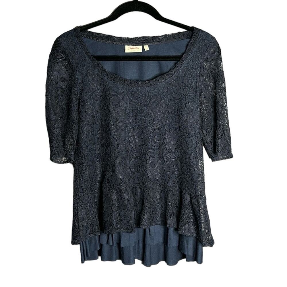 Anthro Deletta Navy Blue Lace Top Ruffled Bottom Round Neck XS